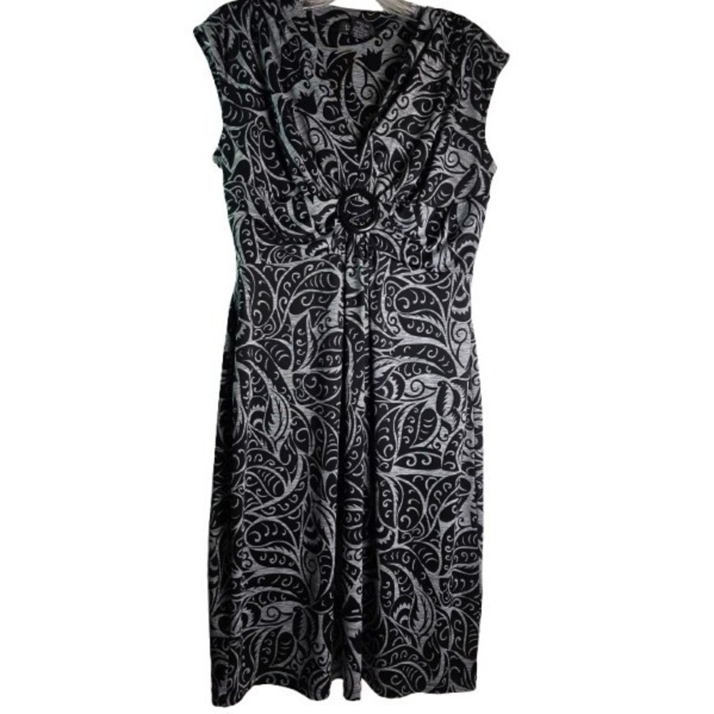 Glamour Sheath Dress Women 10 Black Grey Paisley V-Neck O-Ring Empire Waist